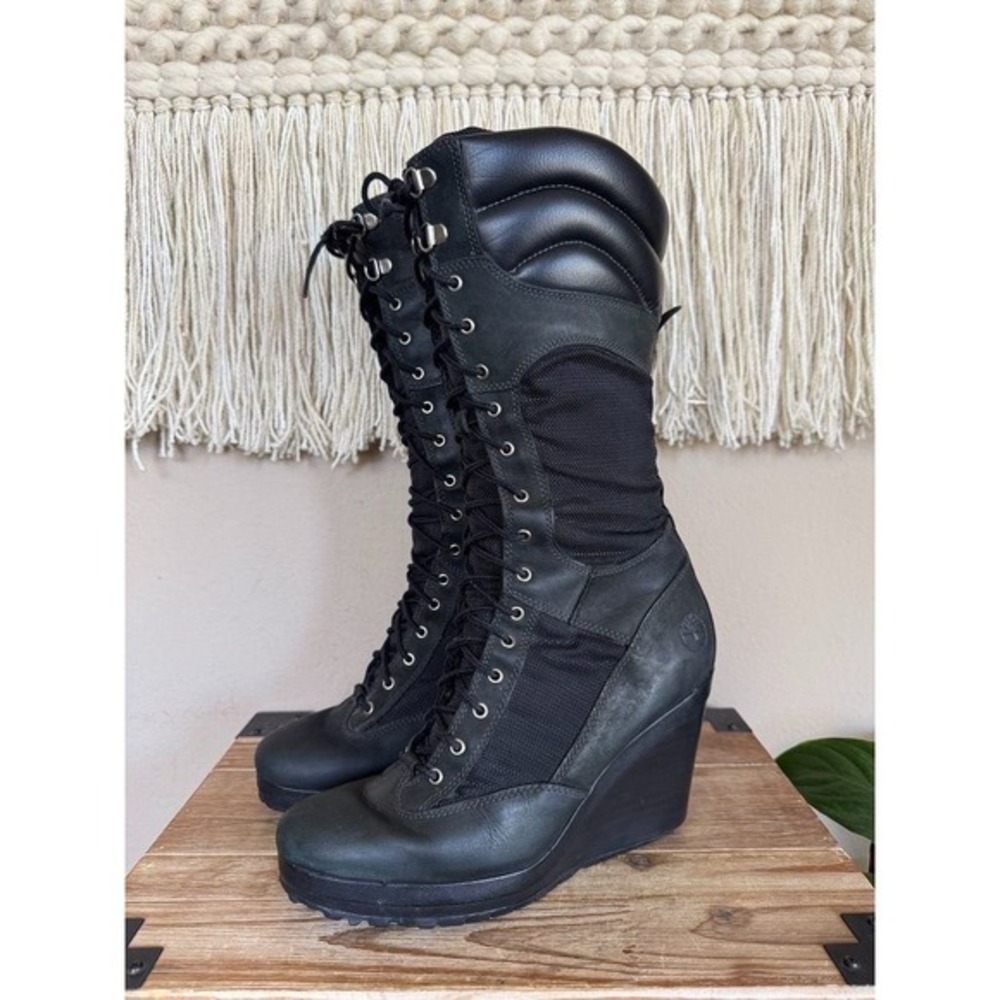 Vintage Timberland Spring Point 14" Wedge Field Black Leather Suede Boots Size 9
